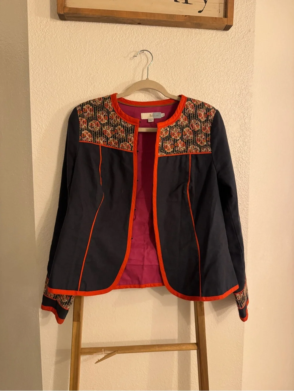 Boden Navy Jacket Orange Trim and Floral Yoke Embroidered Pink Lining Size 8